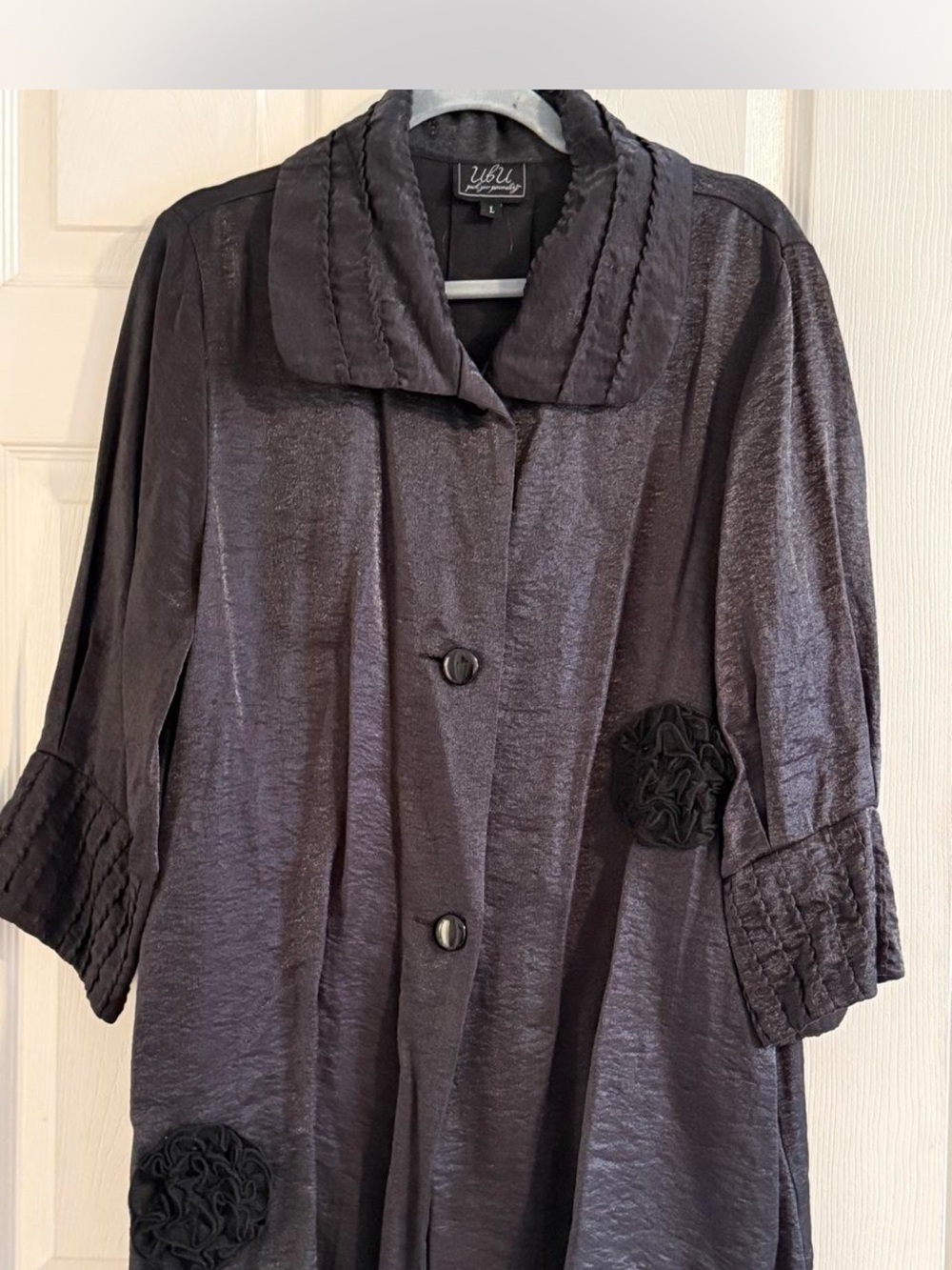 Women's Black Satin Button-Front Coat with Floral Appliqué
